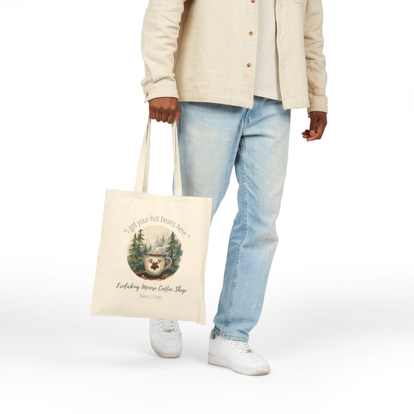 Frolicking Moose Coffee Tote Bag — 'I Got Your Hot Beans Here' Canvas Shopping Tote