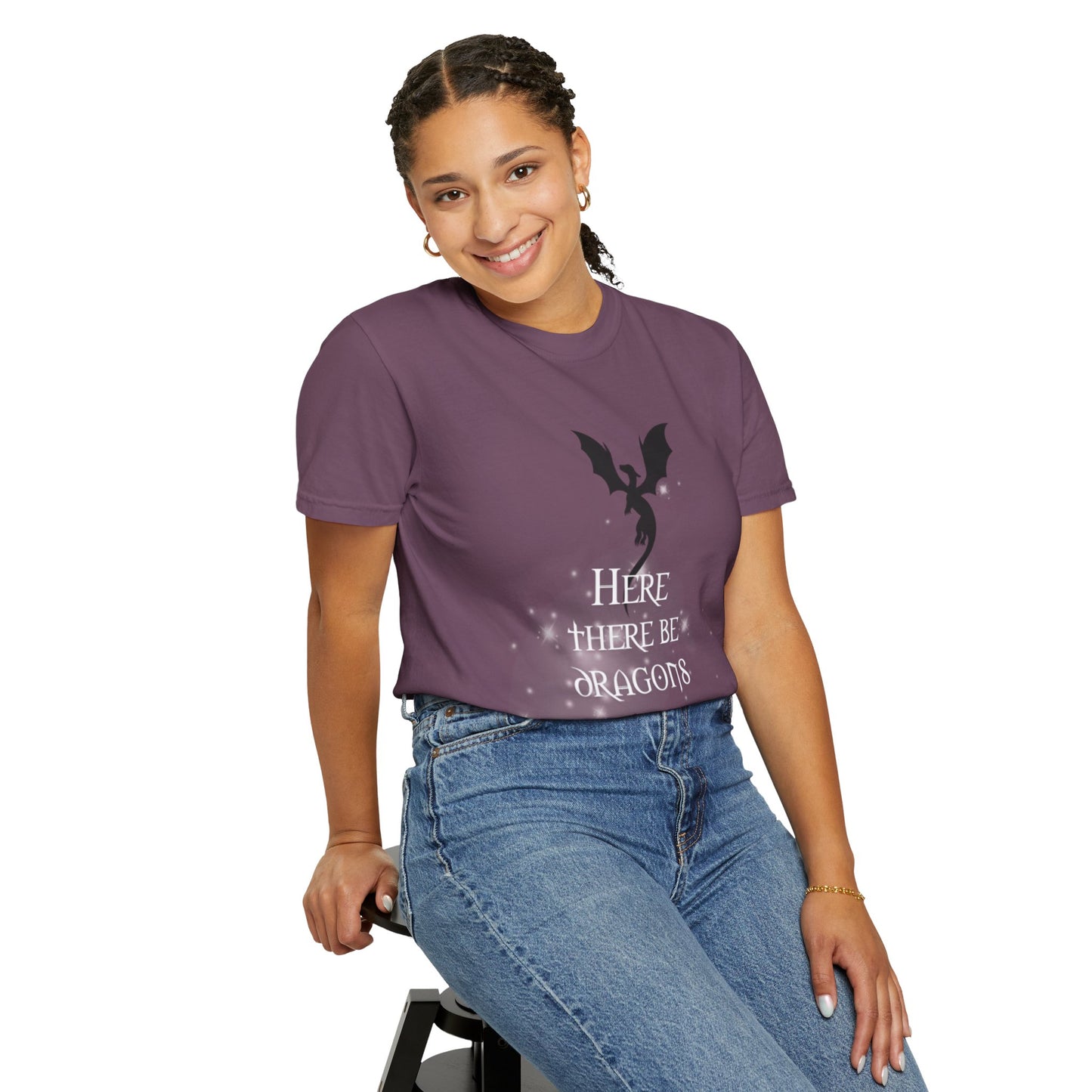 Here There Be Dragons T-Shirt — Magical Book & Dragon Silhouette Tee