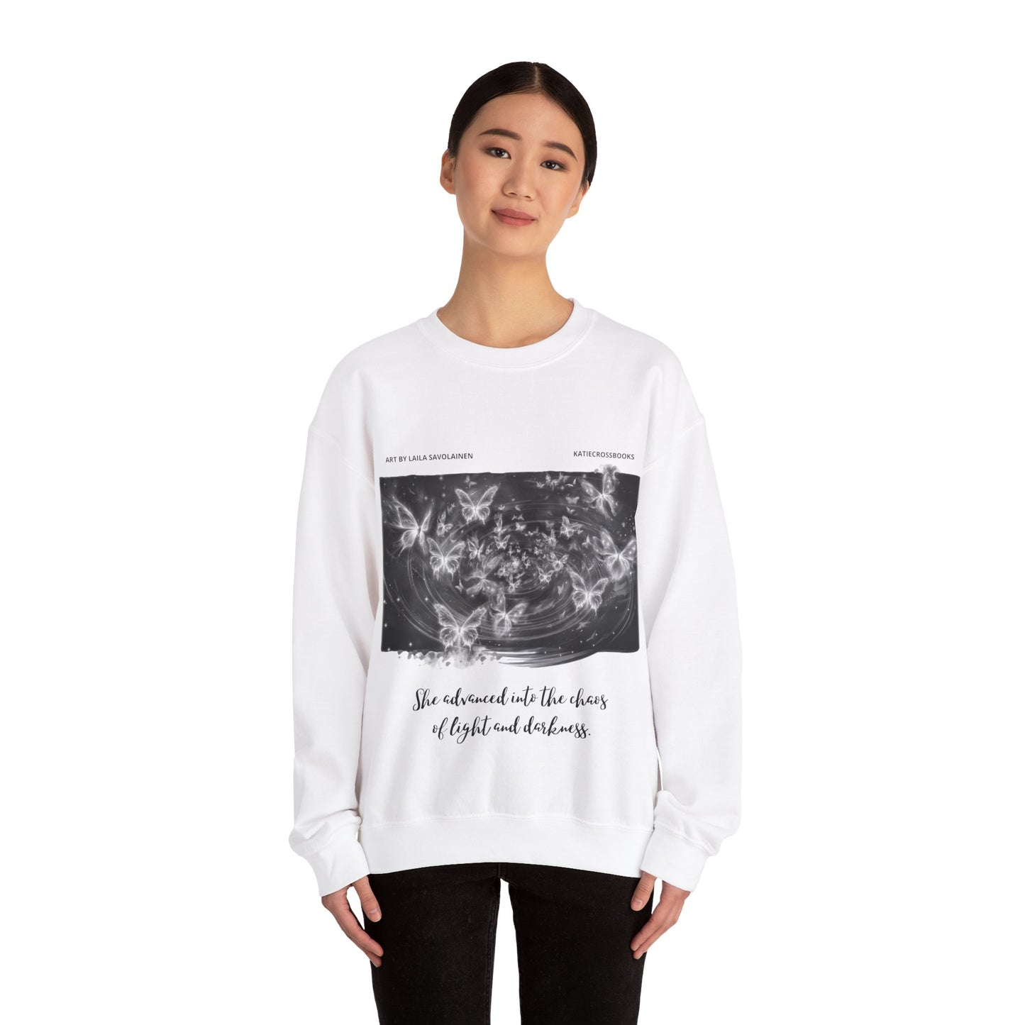 Chaos of Light and Darkness Quote, Butterfly | Laila Savolainen Illustration | Unisex Heavy Blend™ Crewneck Sweatshirt