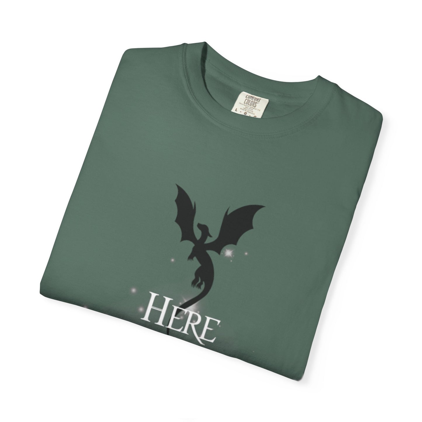 Here There Be Dragons T-Shirt — Magical Book & Dragon Silhouette Tee