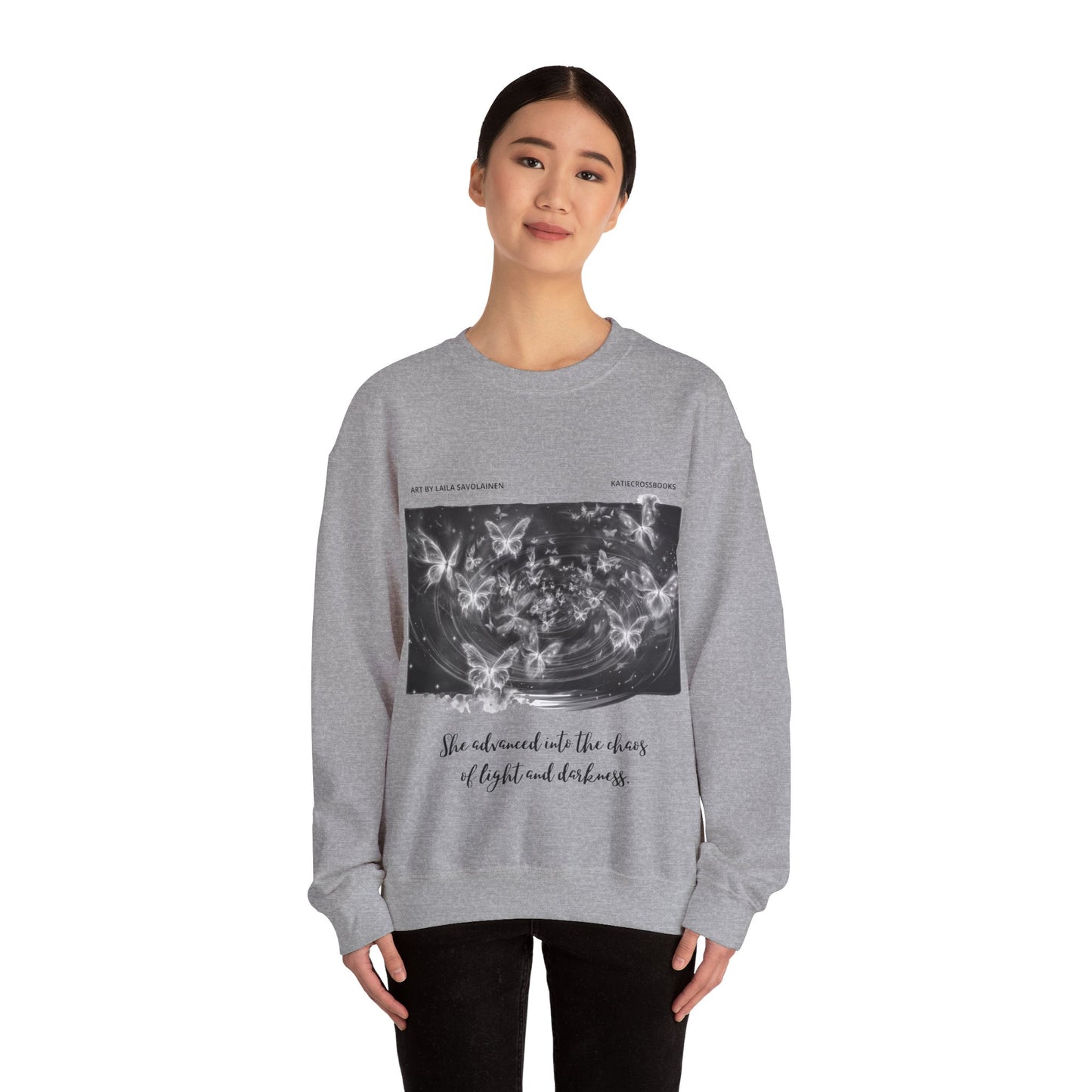 Chaos of Light and Darkness Quote, Butterfly | Laila Savolainen Illustration | Unisex Heavy Blend™ Crewneck Sweatshirt