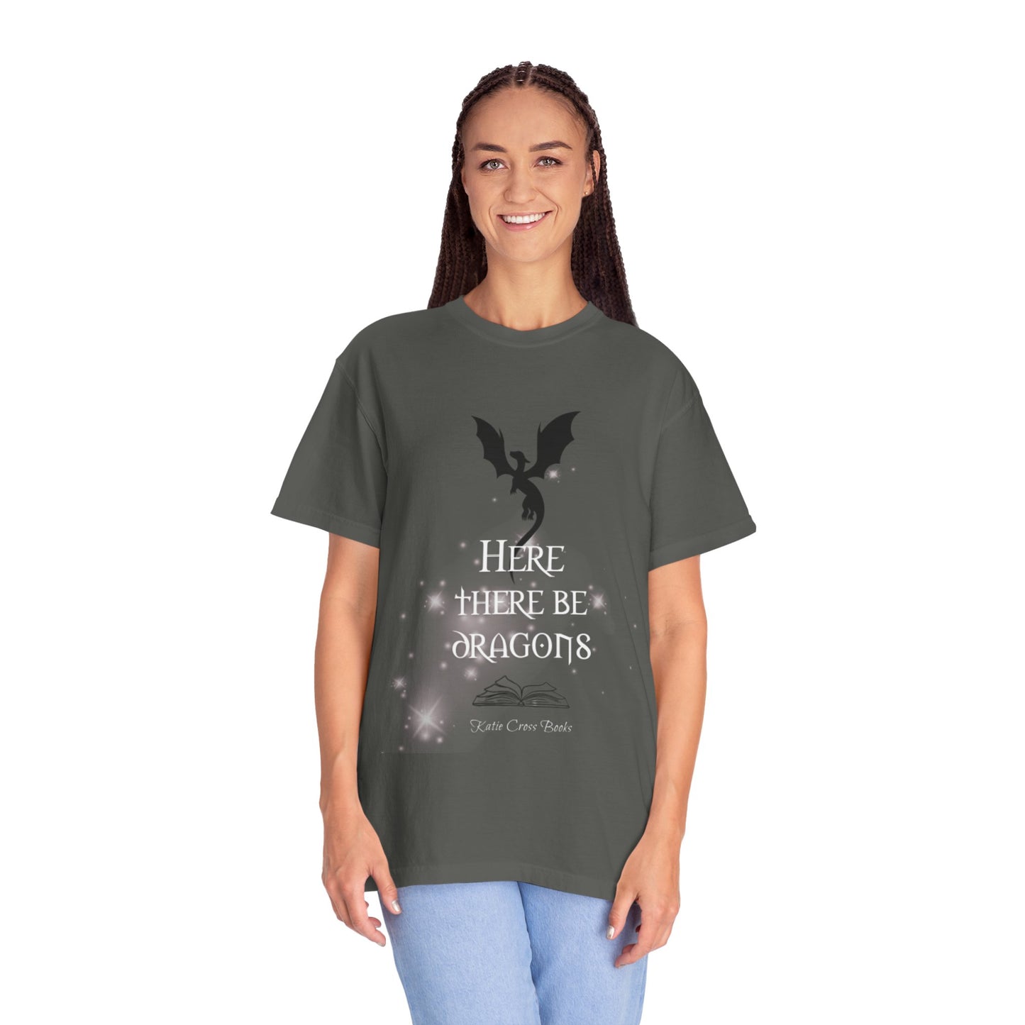 Here There Be Dragons T-Shirt — Magical Book & Dragon Silhouette Tee