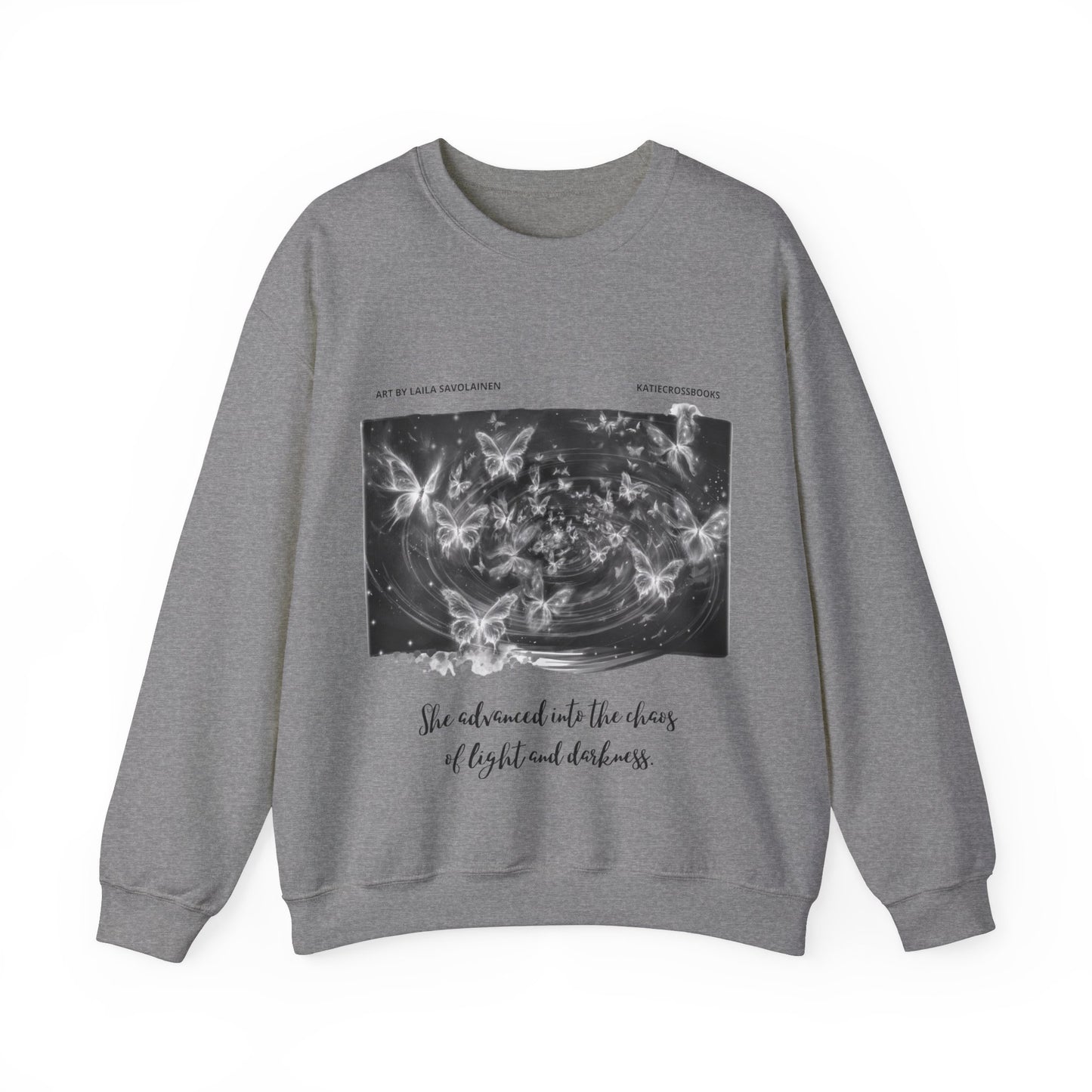 Chaos of Light and Darkness Quote, Butterfly | Laila Savolainen Illustration | Unisex Heavy Blend™ Crewneck Sweatshirt