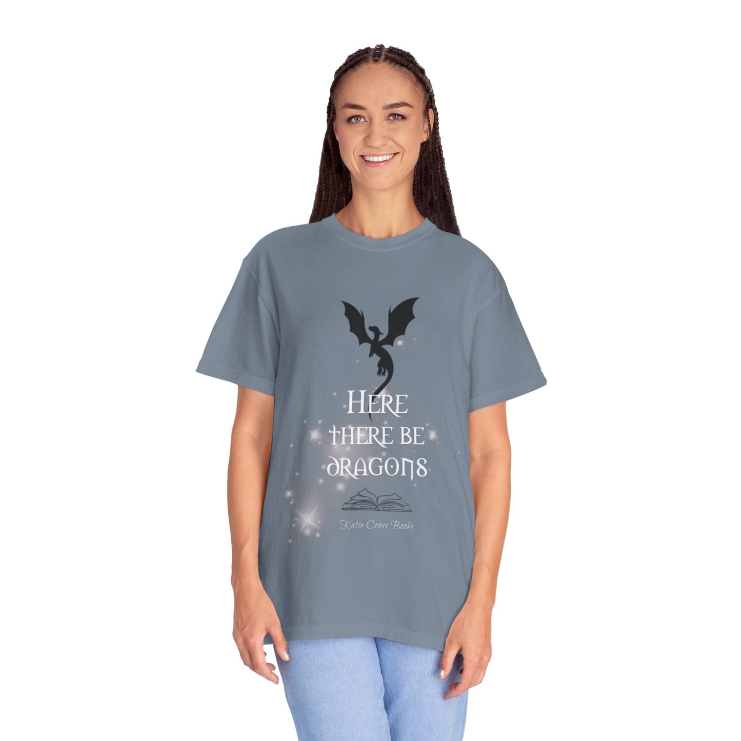 Here There Be Dragons T-Shirt — Magical Book & Dragon Silhouette Tee