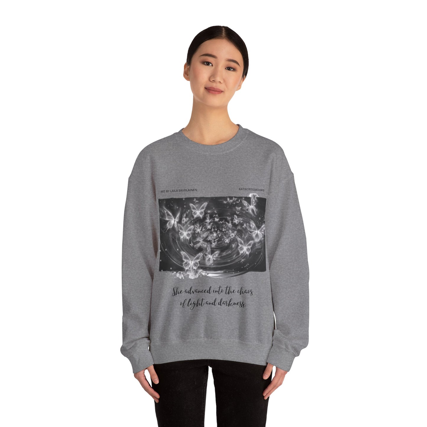 Chaos of Light and Darkness Quote, Butterfly | Laila Savolainen Illustration | Unisex Heavy Blend™ Crewneck Sweatshirt