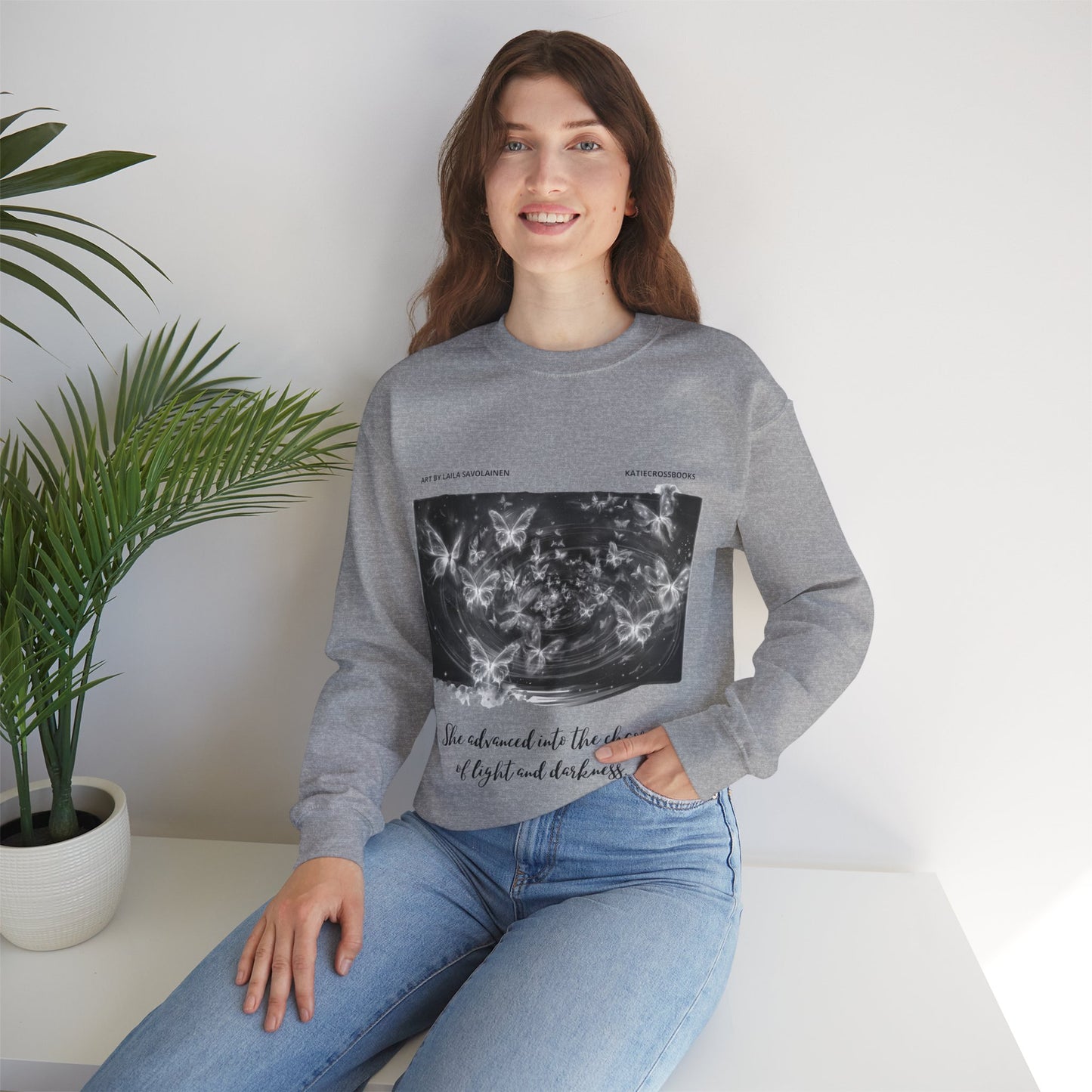 Chaos of Light and Darkness Quote, Butterfly | Laila Savolainen Illustration | Unisex Heavy Blend™ Crewneck Sweatshirt