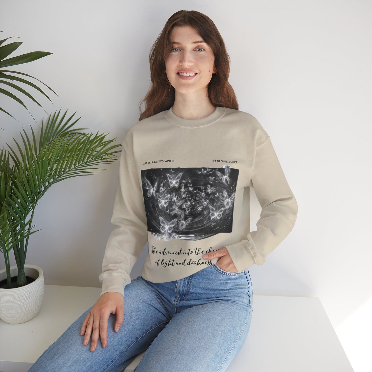 Chaos of Light and Darkness Quote, Butterfly | Laila Savolainen Illustration | Unisex Heavy Blend™ Crewneck Sweatshirt