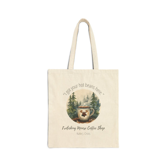 Frolicking Moose Coffee Tote Bag — 'I Got Your Hot Beans Here' Canvas Shopping Tote