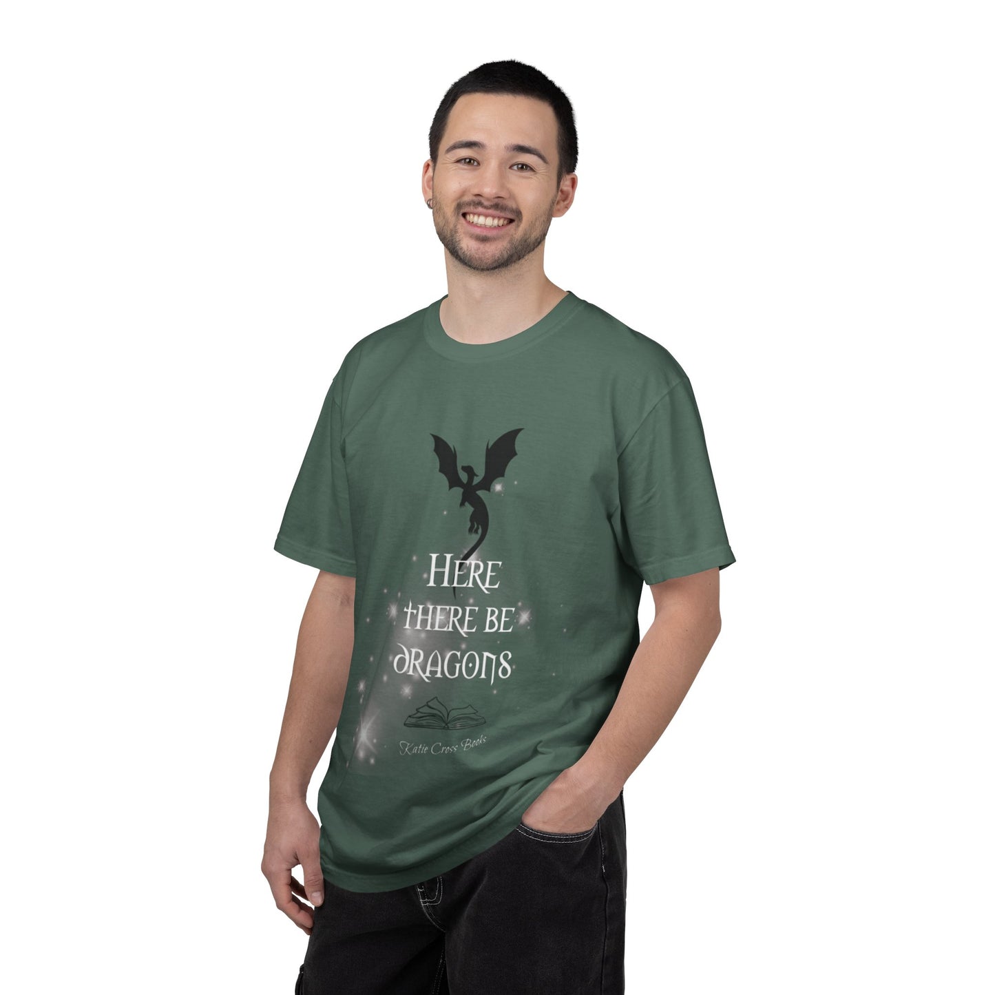 Here There Be Dragons T-Shirt — Magical Book & Dragon Silhouette Tee