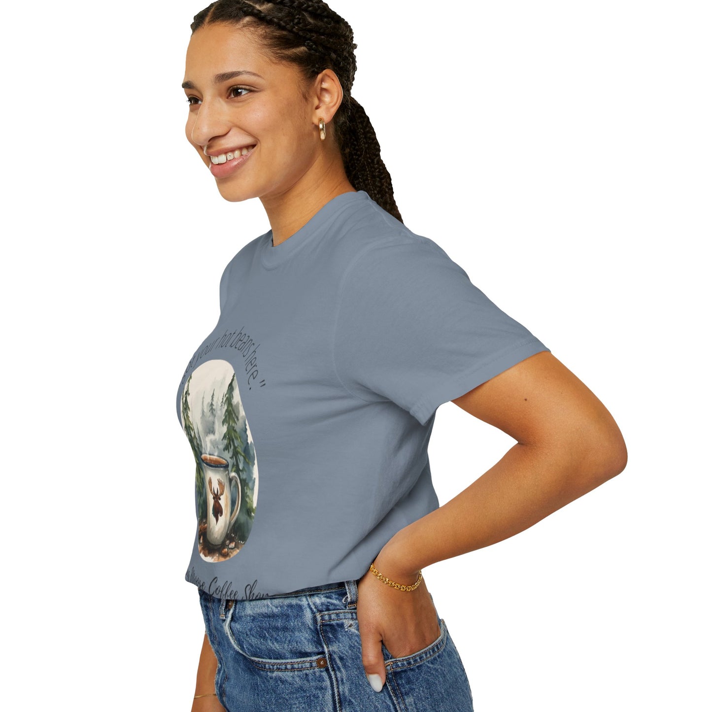 Frolicking Moose Coffee Shop T-Shirt — "I got your hot beans here"