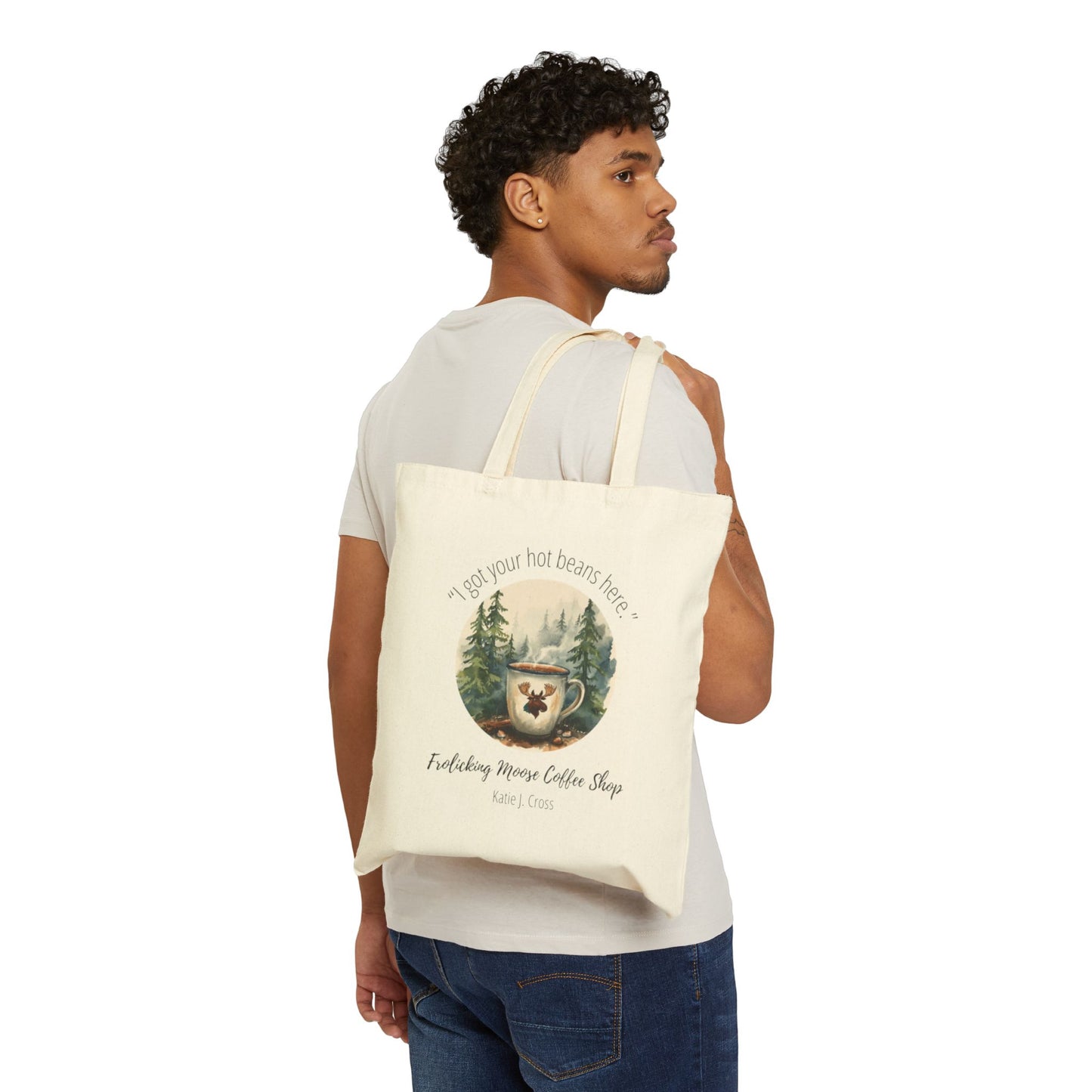 Frolicking Moose Coffee Tote Bag — 'I Got Your Hot Beans Here' Canvas Shopping Tote