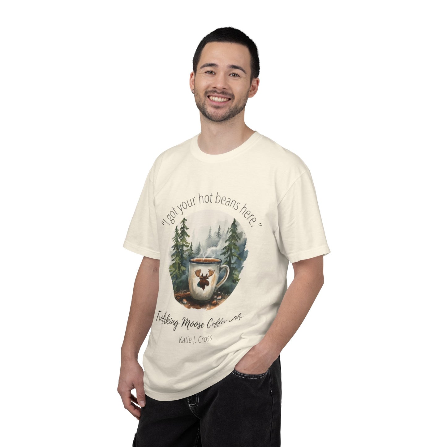 Frolicking Moose Coffee Shop T-Shirt — "I got your hot beans here"