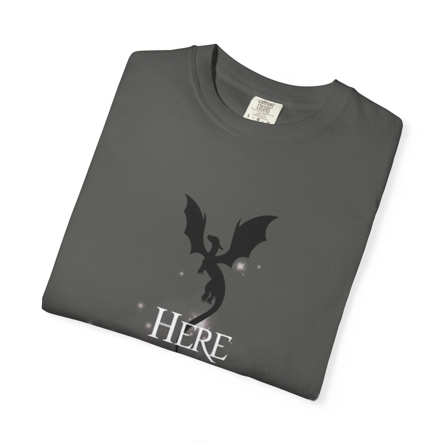 Here There Be Dragons T-Shirt — Magical Book & Dragon Silhouette Tee