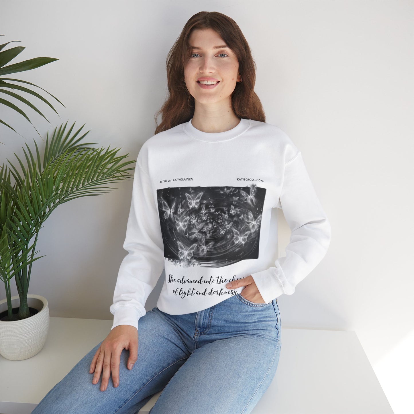 Chaos of Light and Darkness Quote, Butterfly | Laila Savolainen Illustration | Unisex Heavy Blend™ Crewneck Sweatshirt